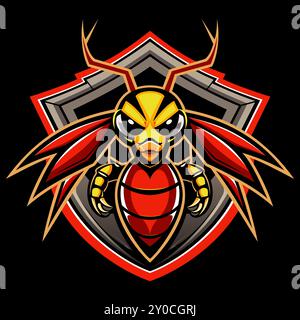 Ein Bienenlogo auf Schild, Abzeichen, Maskottchen. Verwenden Sie als Dekoration ein Basketballteam-Logo, eine Fußballmannschaft oder eine Sportmannschaft. Isoliert auf schwarzem Hintergrund. Stock Vektor