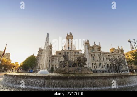 Madrid Spanien, sunrise city Skyline am Cibeles Brunnen Stadtplatz Stockfoto