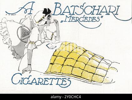 Hans Rudi Erdt Illustration - alte Werbung für Eine Batschari 'Mercedes' Zigaretten, 1914 Stockfoto