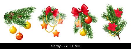 Weihnachtszweige mit Weihnachtsspielzeug. Neujahrsdekoration auf Tannenzweigen, Glaskugeln, Sternen, Bögen, Pflanzenzapfen und Perlen, Weihnachtsbaum 3D-Grafik Stock Vektor