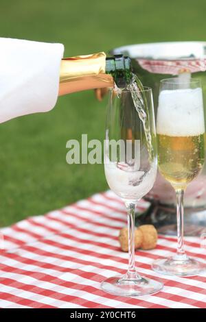 Champagner Gläser bei einem Sommerpicknick gegossen Stockfoto