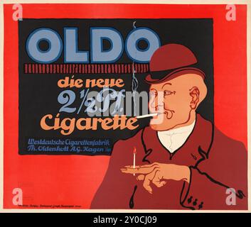 deutsches Vintage-Poster, Werbung für Zigaretten - Oldo. Die neue 2 1,2 Pf. Zigarette. Westdeutsche Cigarettenfabrik Th. Oldenkol und A.G. Kagen, ca. 1910 Stockfoto