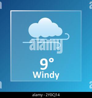 Windige Wettervorhersage von 9 Grad Celsius. Bewölkt, bewölkt, kalt, Windgeschwindigkeit, Luft, Niederschlag, Temperatur, atmosphärischer Druck, Fahrenheit, Kondi Stock Vektor