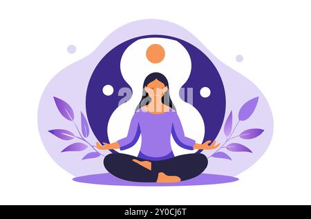 Eine friedliche Vektor-Illustration einer Frau, die in einer Lotuspose meditiert, umgeben von dem Yin-Yang-Symbol und Blättern. Ideal für Designs im Zusammenhang mit Yoga, Balance und Achtsamkeit. Stock Vektor