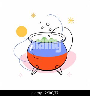 Ein lebendiges Vektordesign eines Kessels gefüllt mit einem sprudelnden Trank, mit dynamischen Formen und hellen Farben. Perfekt für Halloween- oder Fantasy-Projekte... Stock Vektor