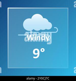 Windige Wettervorhersage von 9 Grad Celsius. Bewölkt, bewölkt, kalt, Windgeschwindigkeit, Luft, Niederschlag, Temperatur, atmosphärischer Druck, Fahrenheit, Kondi Stock Vektor