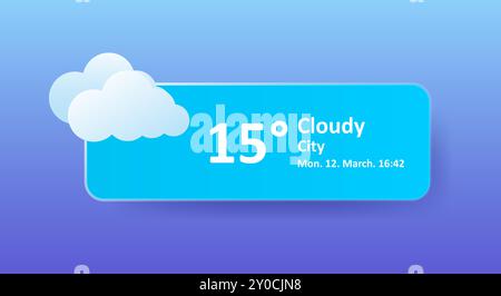Bewölkt 15 Grad Celsius Wettervorhersage, Datum, Ort. Windig, bewölkt, Geschwindigkeit, Gewitterwolke, Luft, Niederschlag, Temperatur, atmosphärisches PR Stock Vektor