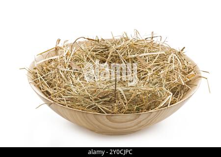 Holzschale mit Stroh als leeres Osternest Stockfoto