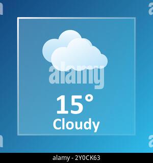 Bewölktes 15 Grad Celsius Wettervorhersage. Windig, bewölkt, Windgeschwindigkeit, Gewitterwolke, Luft, Niederschlag, Temperatur, atmosphärischer Druck, Fahrenhe Stock Vektor