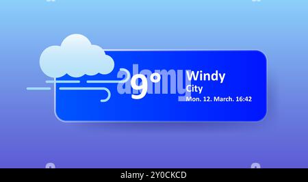 Windige 9 Grad Celsius Wettervorhersage, Datum, Ort. Bewölkt, bewölkt, kalt, Windgeschwindigkeit, Luft, Niederschlag, Temperatur, atmosphärischer Druck Stock Vektor