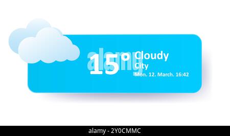 Bewölkt 15 Grad Celsius Wettervorhersage, Datum, Ort. Windig, bewölkt, Geschwindigkeit, Gewitterwolke, Luft, Niederschlag, Temperatur, atmosphärisches PR Stock Vektor
