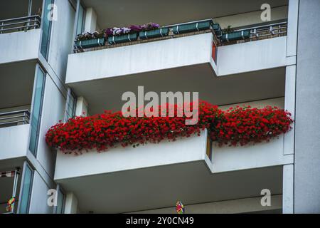 Balkon mit roten Blumen auf einem Wohnblock im ehemaligen Ostteil Berlins, auch Fertigbau genannt Stockfoto