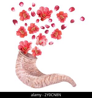 Schofar mit Granatapfelblüten und Samen, die aus ihm kommen, Aquarellkomposition isoliert auf weiß. Handgezeichnete Illustration für Rosch-Hashanah-Karten Stockfoto