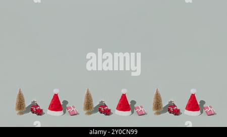 Graues Hintergrundmuster mit Weihnachten oder Neujahr Symbol Attribut Objekte und symbolische Elemente Konzept. Rosa Geschenkbox mit Band, kleine rote t Stockfoto