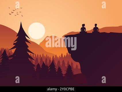 Buddhistische Frau und Mann zug Meditation für den Frieden kommen aus unter dem Baum leiden, Silhouette Style Vector Illustration Stock Vektor