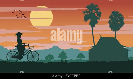 Vietnamesische Frau fährt Fahrrad, um bei Sonnenuntergang nach Hause zu kommen, Vektor-Illustration Stock Vektor