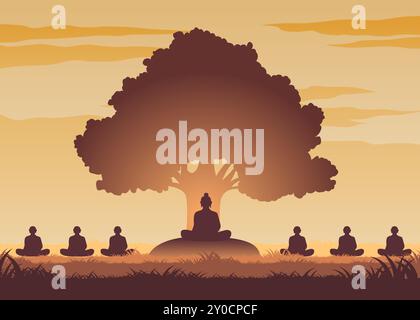 herr des buddha und Mönche Meditation unter Bodhi-Baum, Vektorillutration Stock Vektor