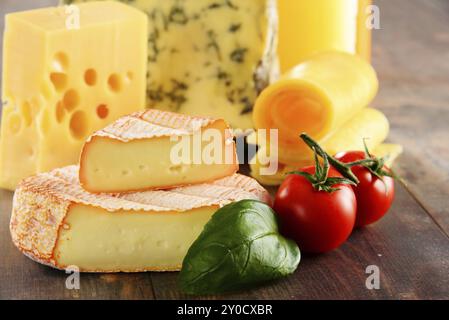 Verschiedene Sorten Käse auf dem Küchentisch Stockfoto