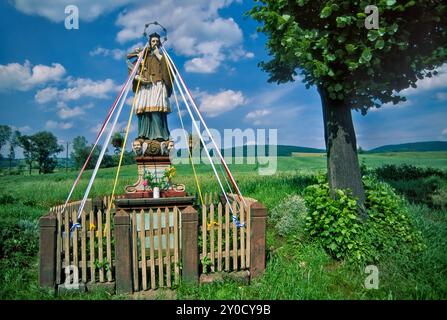 Statue des Heiligen Johannes von Nepomuk am Schrein am Wegesrand in der Nähe von Nowa Ruda, Sudetengebirge, Niederschlesien, Polen Stockfoto