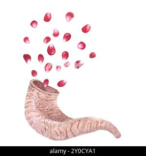 Schofar mit Granatapfelblüten und Samen, die aus ihm kommen, Aquarellkomposition isoliert auf weiß. Handgezeichnete Illustration für Rosch-Hashanah-Karten Stockfoto