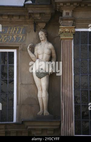 Detail des Hauses des Hexenmeisters in Lemgo (Landkreis Lippe, Nordrhein-Westfalen) Stockfoto