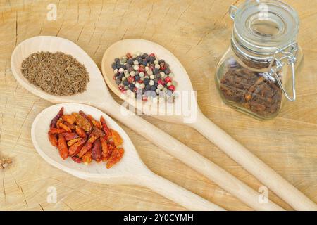 Verschiedene Gewürze auf einem Holzlöffel Stockfoto