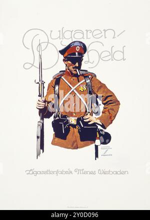 Ein deutscher Soldat raucht. Poster ist eine Werbung für Zigaretten der Menes Zigarettenfabrik, Wiesbaden, Deutschland - Ludwig Hohlwein Kunstwerk Stockfoto