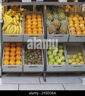 Kisten mit frischem Obst in Saft bar Stockfoto