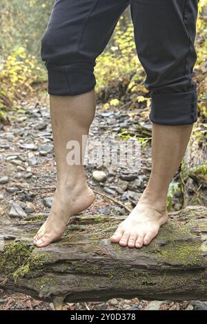 Eine Nahaufnahme von Beinen und Füßen einer Frau, die auf einem Baumstamm in der Natur steht und die Vorteile der Erdung, auch bekannt als Erdung, hat Stockfoto