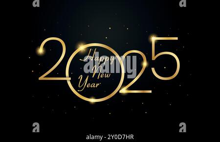 Luxuriöser Happy New Year 2025 Vektor mit funkelnden Lichtern und elegantem schwarzem Hintergrund. Geeignet für Grußkarten, Banner, Poster, Vorlagen usw. Stock Vektor