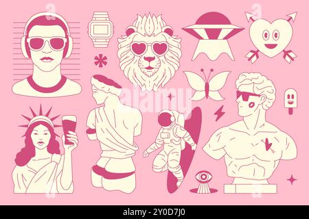 Y2K Comic Retro groovig psychedelisch rosa Umrisssymbol Set Vektor flache Illustration. Minimaler Tattoo-flippiger trendiger Aufkleber surreale Freiheitsstatue Löwe cyb Stock Vektor