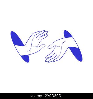 Y2K zwei Hände Verbindung miteinander aus Loch zeitgenössische Pop Art Linie Symbol Vektor flache Illustration. Menschliche Waffen berühren Zusammenarbeit ges Stock Vektor