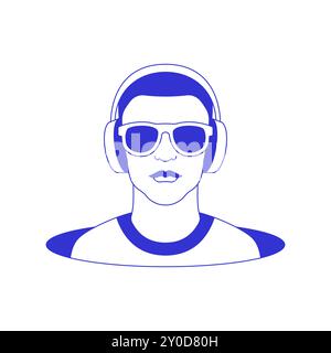 Y2K Teenager Mann in Kopfhörern Sonnenbrille im Loch psychedelische Linie Icon Vektor flache Illustration. Männliches Teenager-Porträt, das Musik in Mode-Eyegla hört Stock Vektor