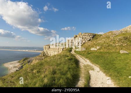 South West Coast Path auf der Isle of Portland, in Richtung Fortuneswell und Chesil Beach mit Weymouth im Hintergrund, Jurassic Coast, Dorset, Stockfoto