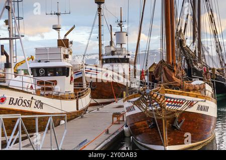 HUSAVIK, ISLAND, 29. JUNI: Am 29. Juni 2013 in Husavik verankerte Walbeobachtungsschoner bei Sonnenaufgang im Hafen von Husavik und in den Bergen im Hintergrund, Stockfoto