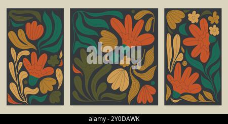 Vektor Blume Boho Ornament, Blumenblätter Welle Illustration, abstrakte exotische Sommer Poster, Dschungel organische Drucke. Orange, Grün, Braun Stock Vektor