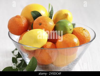 Frische Zitrusfrüchte in der Vase auf einem Holztisch Stockfoto