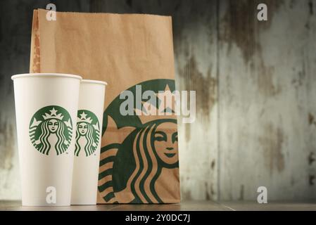 Starbucks, Kaffeefirma und Kaffeehauskette, gegründet in Seattle, Wa. USA, im Jahr 1971, heute das größte Geschäft dieser Art in der Welt. Stockfoto