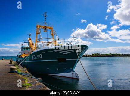 Die „Wings of the Morning“, ein 45 Meter langes Fischerboot, das im Carlingford Harbour, der Hauptstadt der Cooley Peninsula im County Louth, Irland, vor Anker liegt. Stockfoto