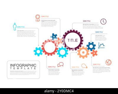 Mehrzweck-Infografik-Berichtsvorlage aus Zahnradsymbolen und Beschreibungen. Infochart-Vorlage für Motor oder Radmechanismus Stock Vektor