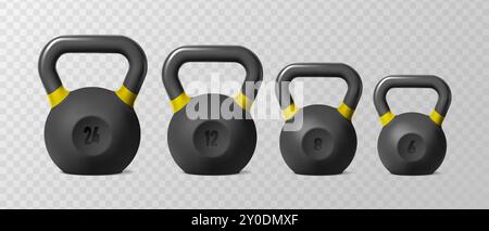 3D realistische Symboldarstellung. Sammlung verschiedener Gewichte von Kettlebells. Isoliert. Stock Vektor