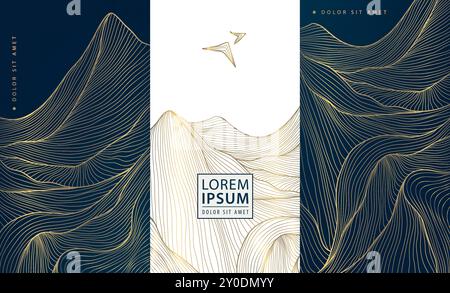 Vektorset von Linie Gold Bergkunst, Landschaft Etiketten, Plakate. Landschaft und fliegende Vögel Banner, Illustrationen im japanischen Stil Stock Vektor