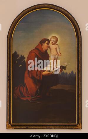 Eisenstadt, Burgenland, Österreich. Römisch-katholische Kathedrale St. Martin. Der Seitenaltar zeigt den Heiligen Antonius mit der offenen Bibel und dem Jesuskind. Die Darstellung kann bis ins 15. Jahrhundert zurückverfolgt werden Stockfoto