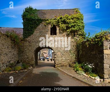 Das aus dem 15. Jahrhundert stammende Tholsel oder „Stadttor“ in Carlingford, County Louth, Irland und eines der wenigen, die im Land übrig geblieben sind. Stockfoto