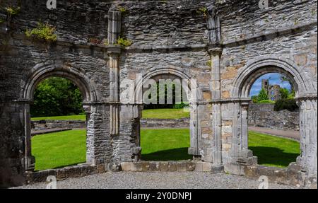 Die Innenmauern des Lavabo aus dem 13. Jahrhundert (wo Mönche ihre Hände wussten, bevor sie essen) sind Teil der Ruinen der Mellifont Abbey in County Louth, IR Stockfoto