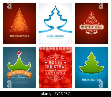 Weihnachtsgrüße Karten Vektor Hintergründe Set. Frohe Weihnachten Wish Message Typografie Design und Dekoration. Vektorabbildung. Stock Vektor