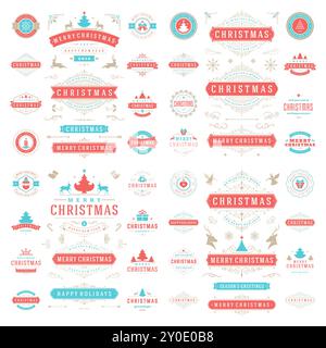 Weihnachtsetiketten und Abzeichen Vektor-Design-Elemente Set. Frohe Weihnachten und Feiertage wünscht Retro Typografie Dekorationsobjekte und Symbole, Vintage o Stock Vektor