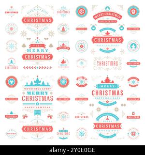 Weihnachtsetiketten und Abzeichen Vektor-Design-Elemente Set. Frohe Weihnachten und Feiertage wünscht Retro Typografie Dekorationsobjekte und Symbole, Vintage o Stock Vektor
