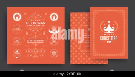 Weihnachtsetiketten und -Abzeichen Vektor-Design-Elemente mit Grußkarten-Vorlage. Frohe weihnachten und Happy New Year wünscht Vintage Typografie und s Stock Vektor