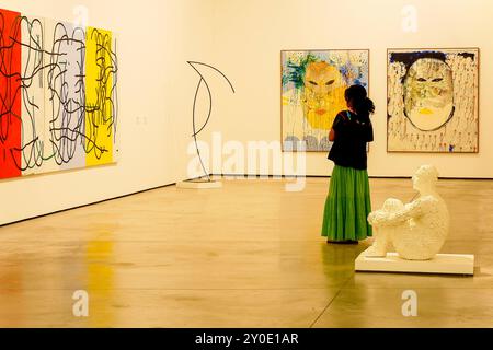 Frau, die sich die Ausstellung anschaut, es Baluard Museum of Modern and Contemporary Art. Palma. Mallorca. Balearen. Spanien. Stockfoto